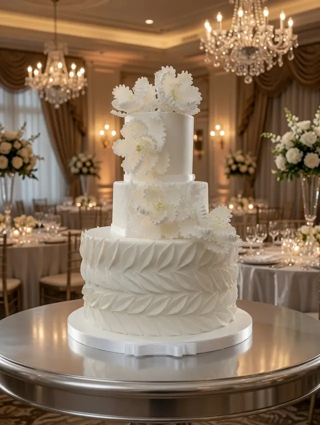 White three-tier wedding cake with sugar flowers